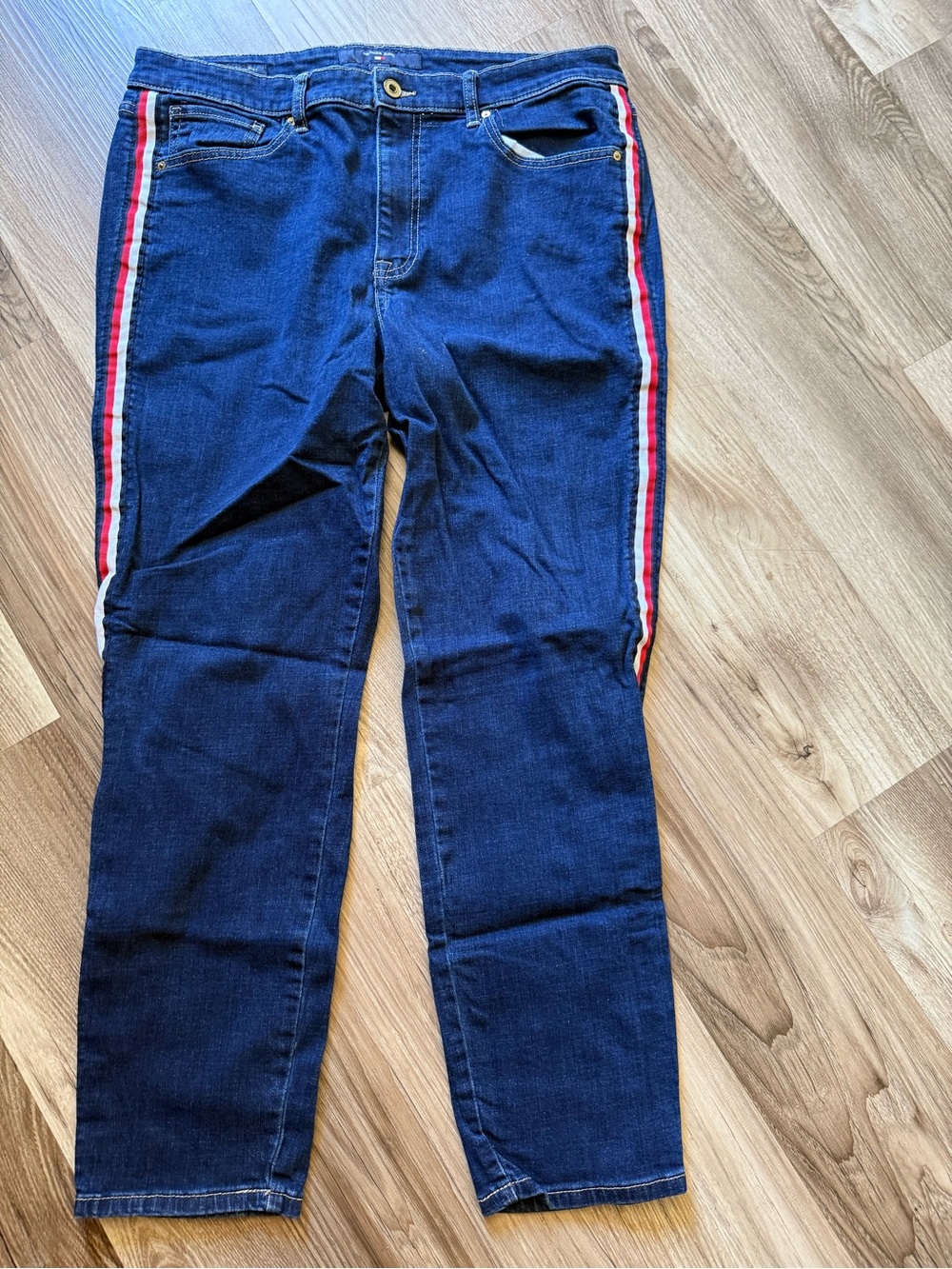 Tommy Hilfiger Navy Straight-Leg Jeans with Red & White Side Stripes